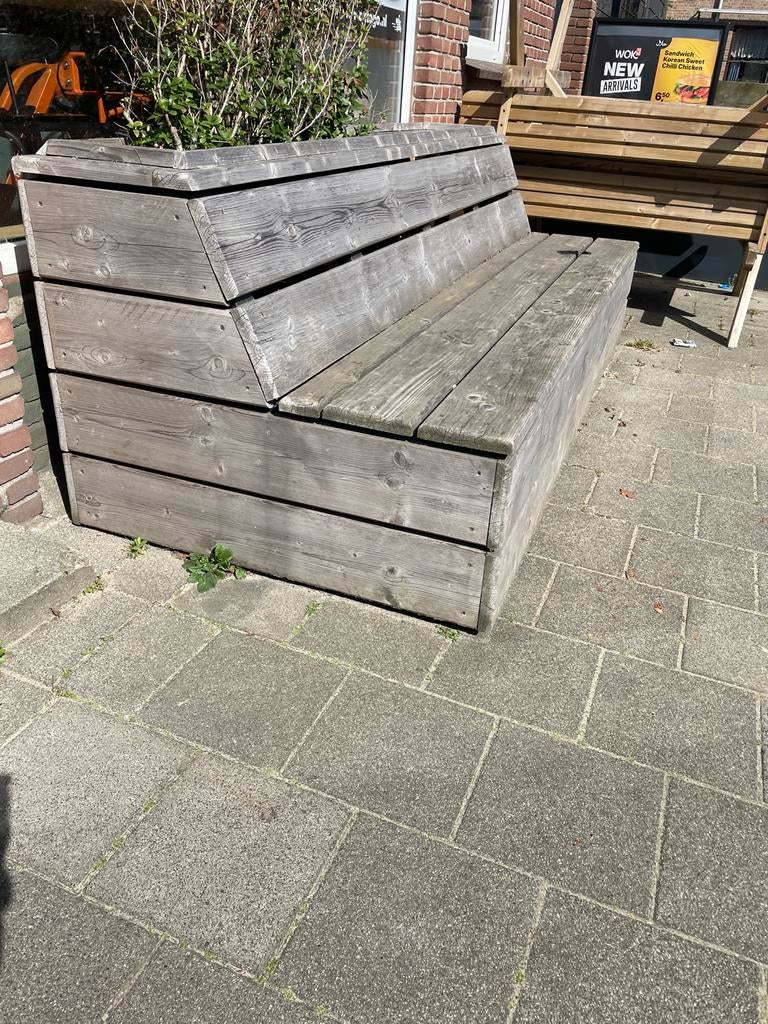 Robuuste houten tuinbank met plantenbak, Tuin en Terras, Ophalen of Verzenden, Gebruikt, Hout