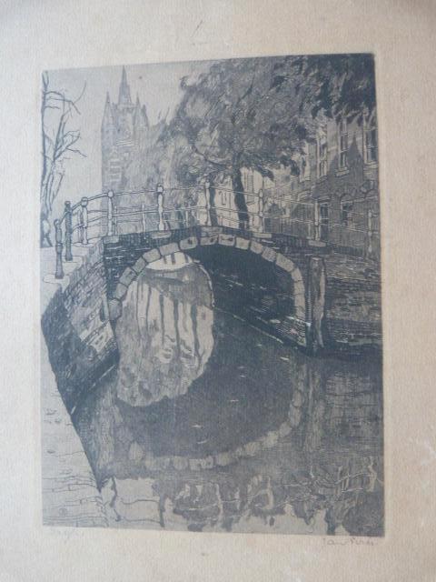 Jan Sirks  -  gracht in Delft., Ophalen of Verzenden, Stadsgezicht, Ets, 1900 - 1949