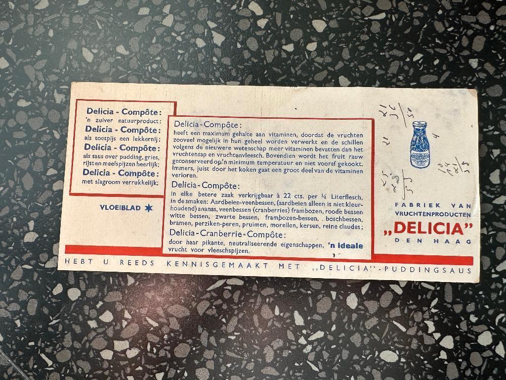 Vloeiblad Delicia Vruchtenprducten Den Haag. Vooroorlogs., Verzamelen, Merken en Reclamevoorwerpen, Ophalen of Verzenden, Gebruikt