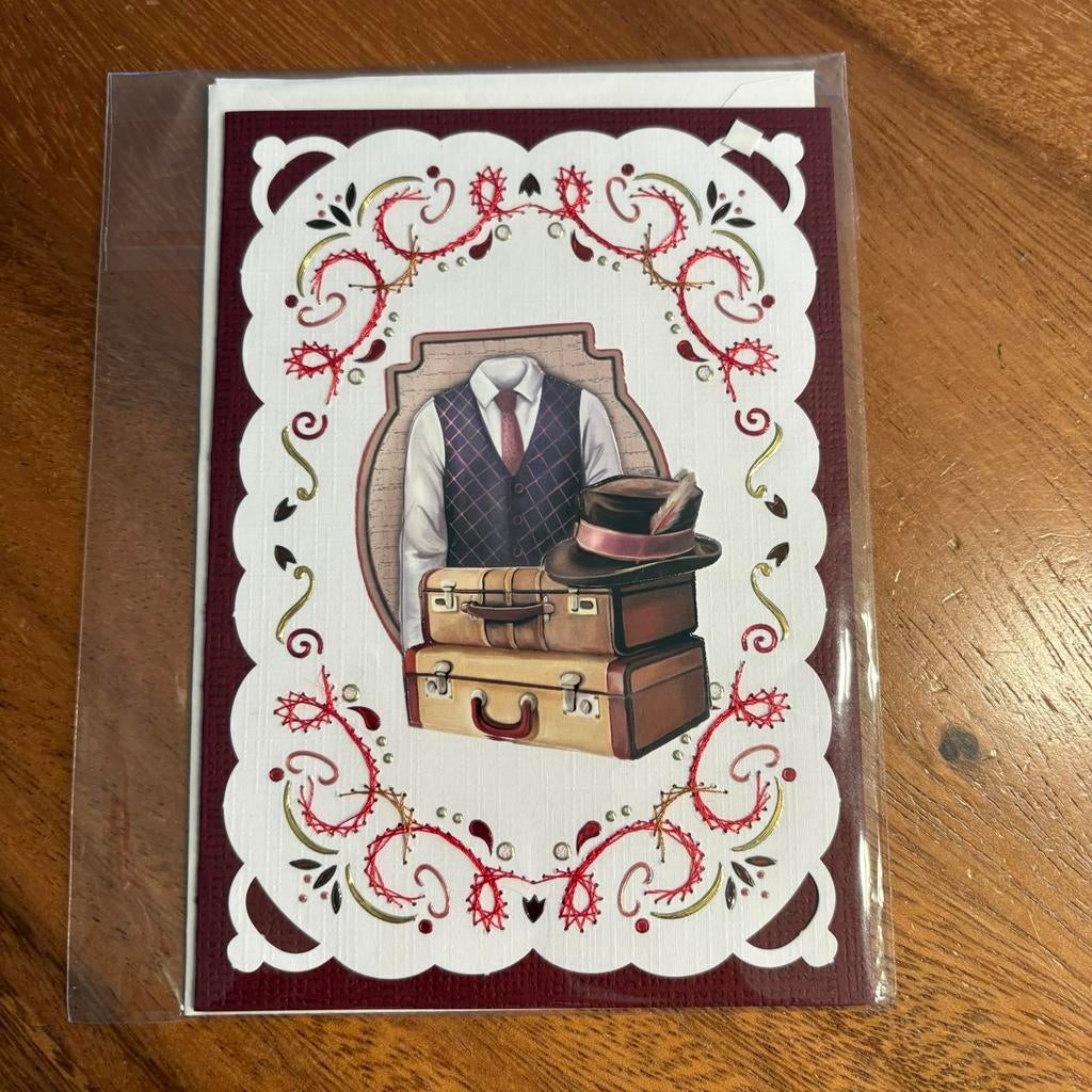 Geborduurde kaart met hobbydots mannen 2 koffers / kleding, Ophalen of Verzenden, Zo goed als nieuw, Overige thema's