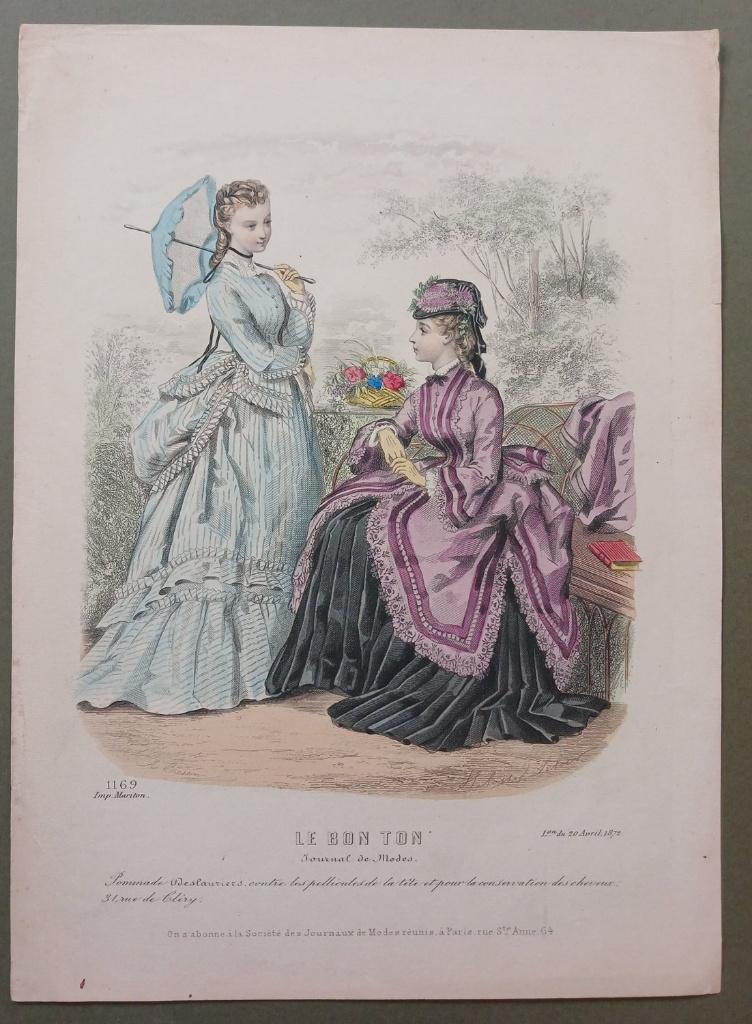 2 antieke modeprenten Le Bon Ton jurken Journal de Modes, Gebruikt, Verzenden, Voor 1940, Prent