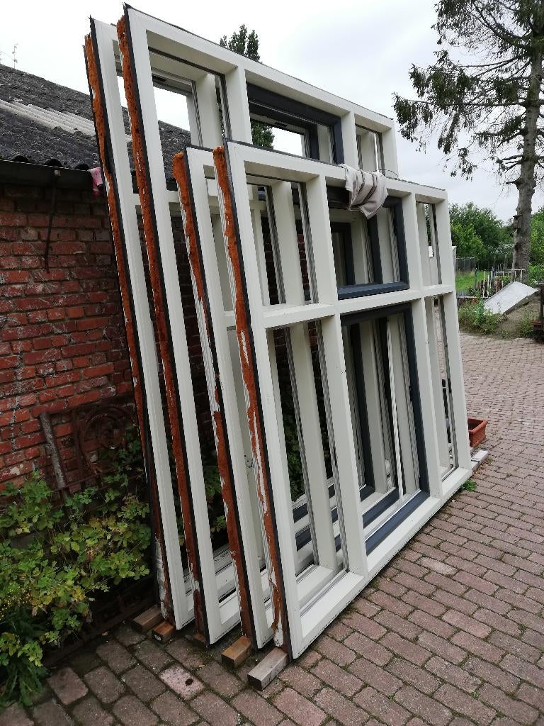 5 kunststof kozijnen 203,5x228br en 253x228br plus deur, Ophalen, Kunststof, 225 cm of meer, Raamkozijn