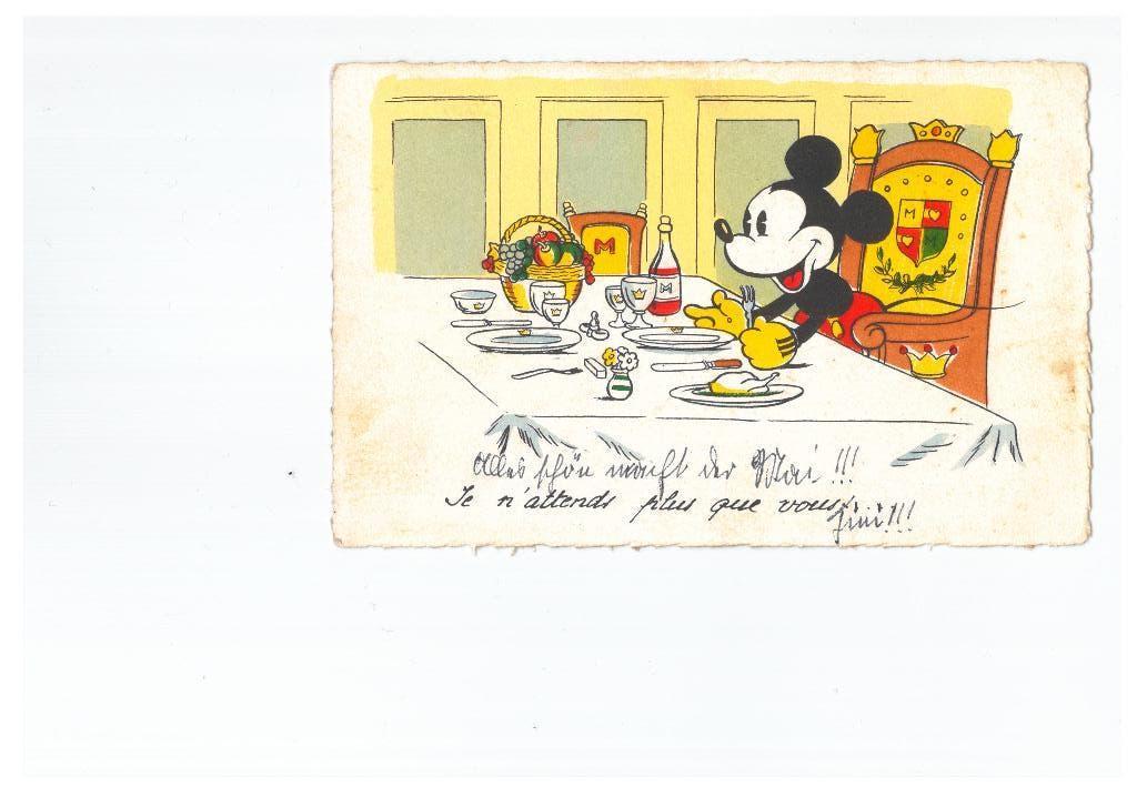 Disney Mickey Mouse kaart maaltijd als koning Frankrijk 1937, Ophalen of Verzenden, 1920 tot 1940, Ongelopen, Overige thema's