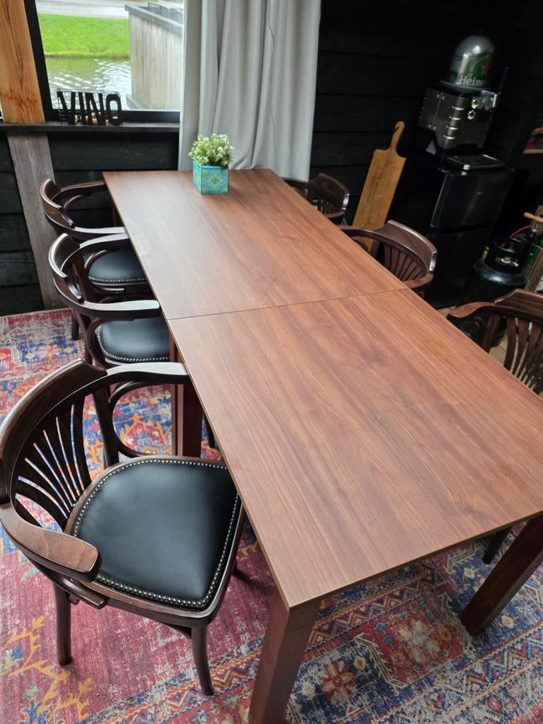 Bruin café tafels met 6 stoelen, Ophalen of Verzenden, Zo goed als nieuw, Vijf personen of meer, Rechthoekig