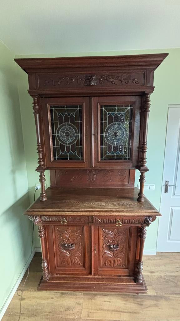 Antieke buffetkast met glas-in-lood, Ophalen, Gebruikt, 100 tot 150 cm, 200 cm of meer