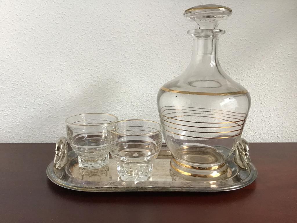 Brocante franse karaf met gouden banden en 4 glaasjes., Ophalen of Verzenden