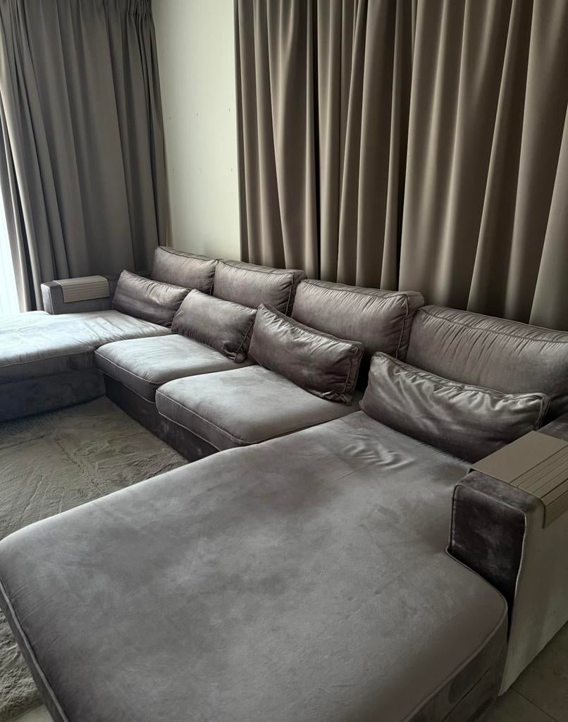 Moderne luxe lounge homet chaise longue velours grijs/taupe, Ophalen, Gebruikt, Moderne, minimalistische lounge-stijl, Hoekbank