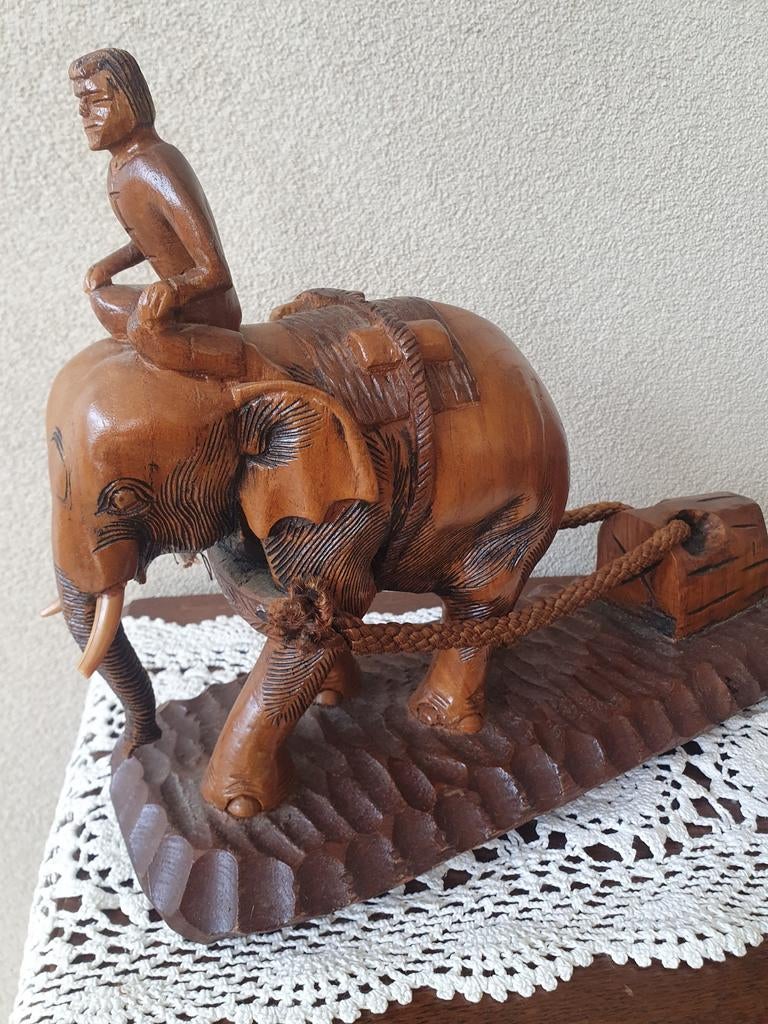 Houten beeld olifant met mahout - Handgesneden, Antiek en Kunst, Kunst | Beelden en Houtsnijwerken, Ophalen of Verzenden, 20 - 50 cm