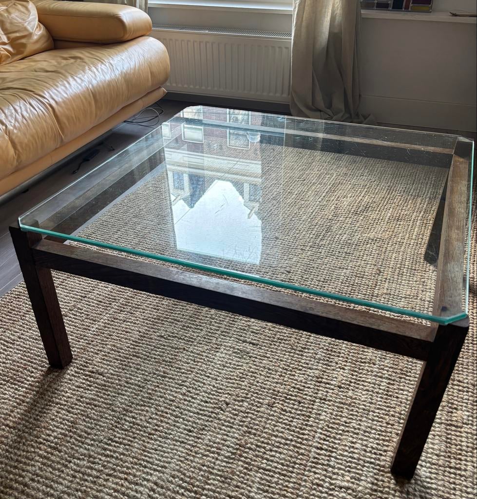 Vintage jaren ‘60 houten/glazen salontafel, Ophalen, Gebruikt, 50 tot 100 cm, Vierkant