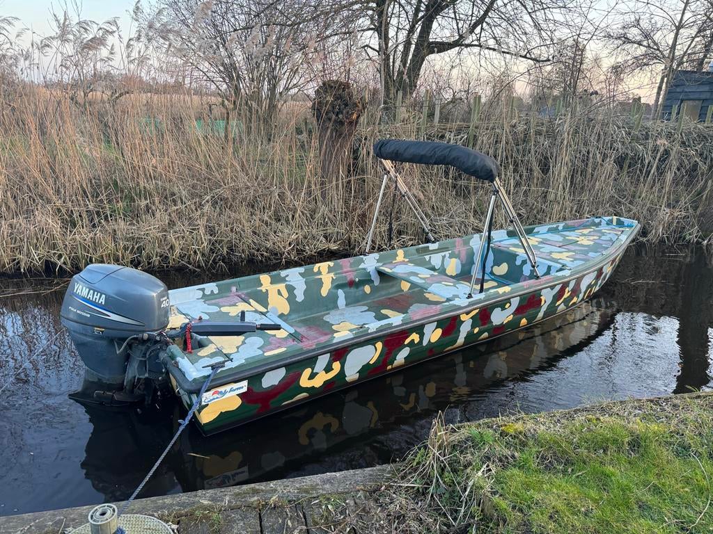 Visboot Platbodem 6m met 40pk Yamaha 4-takt en Biminitop, Gebruikt, 6 meter of meer, Ophalen of Verzenden, 30 tot 50 pk