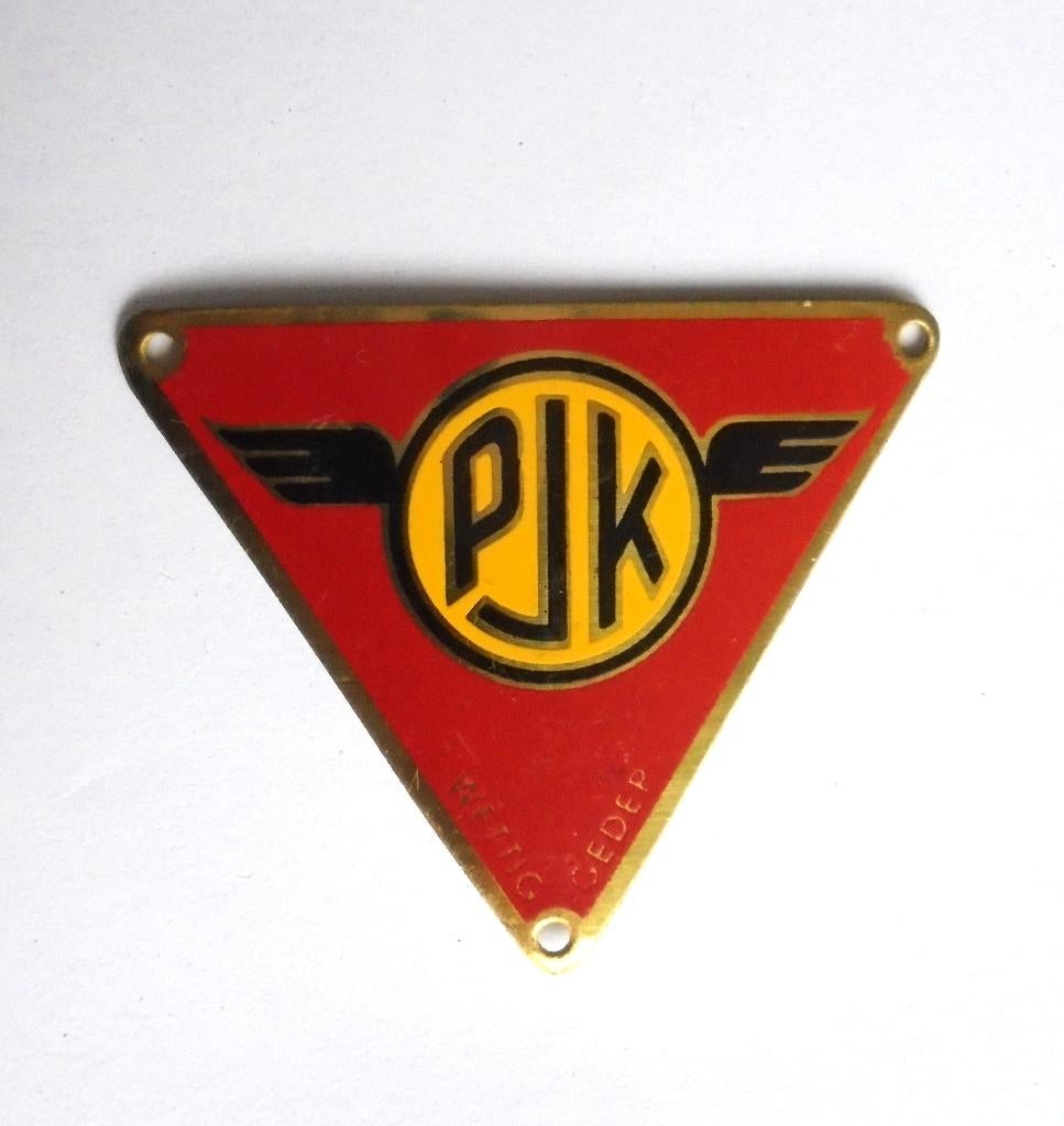 Driehoekig fiets embleem balhoofdplaatje Peter Jan Klussen, Ophalen of Verzenden, Gebruikt, Reclamebord