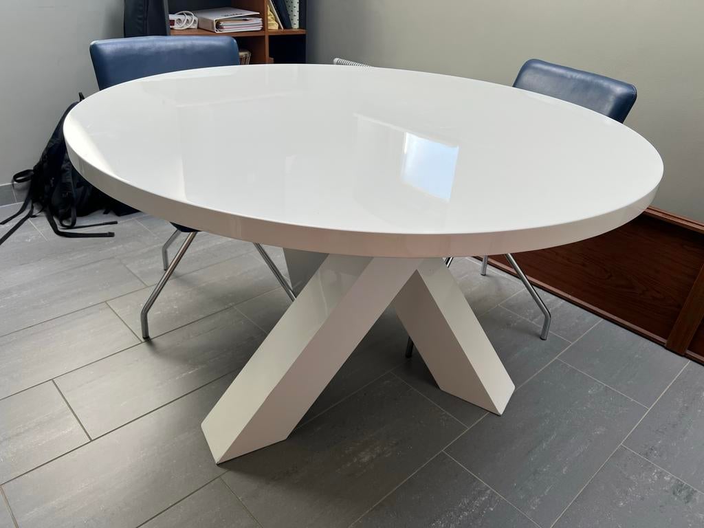 Witte hoogglans eettafel, rond, Huis en Inrichting, Tafels | Eettafels, Ophalen, Overige materialen, Gebruikt, 100 tot 150 cm