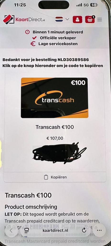 Transcash code van 107€ voor maar 75 €, Tickets en Kaartjes, Kortingen en Cadeaubonnen, Eén persoon, Cadeaubon