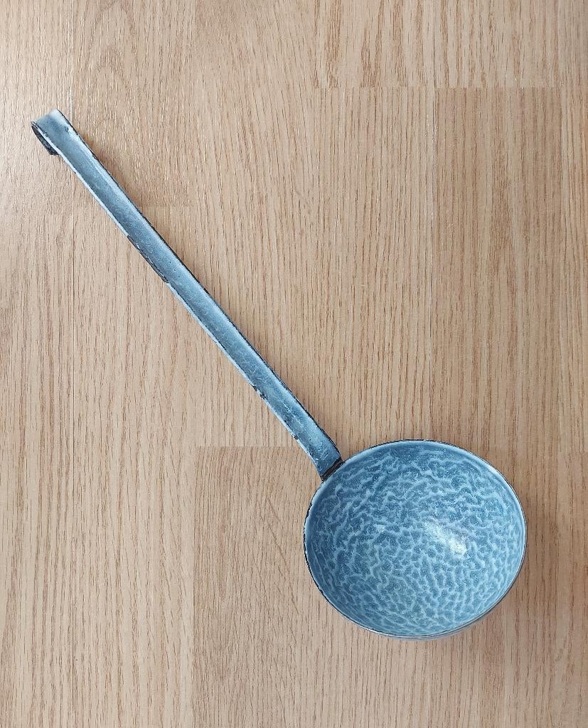 Brocante grijsgewolkte pollepel / soeplepel, Ophalen of Verzenden