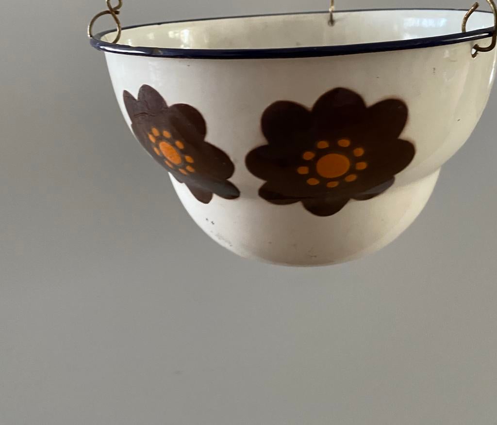 Emaille hangpot met jaren zeventig dessin, Ophalen of Verzenden, Zo goed als nieuw, Rond, Minder dan 30 cm