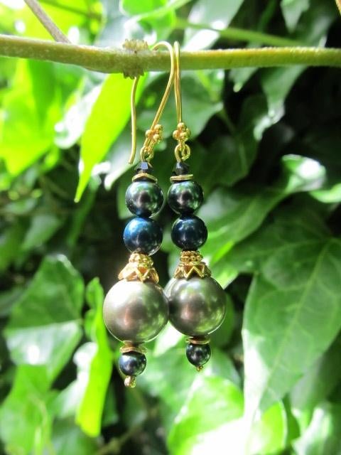 Oorbellen Paula swarovski parels-kristal goud, Hangers, Nieuw, Groen, Goud