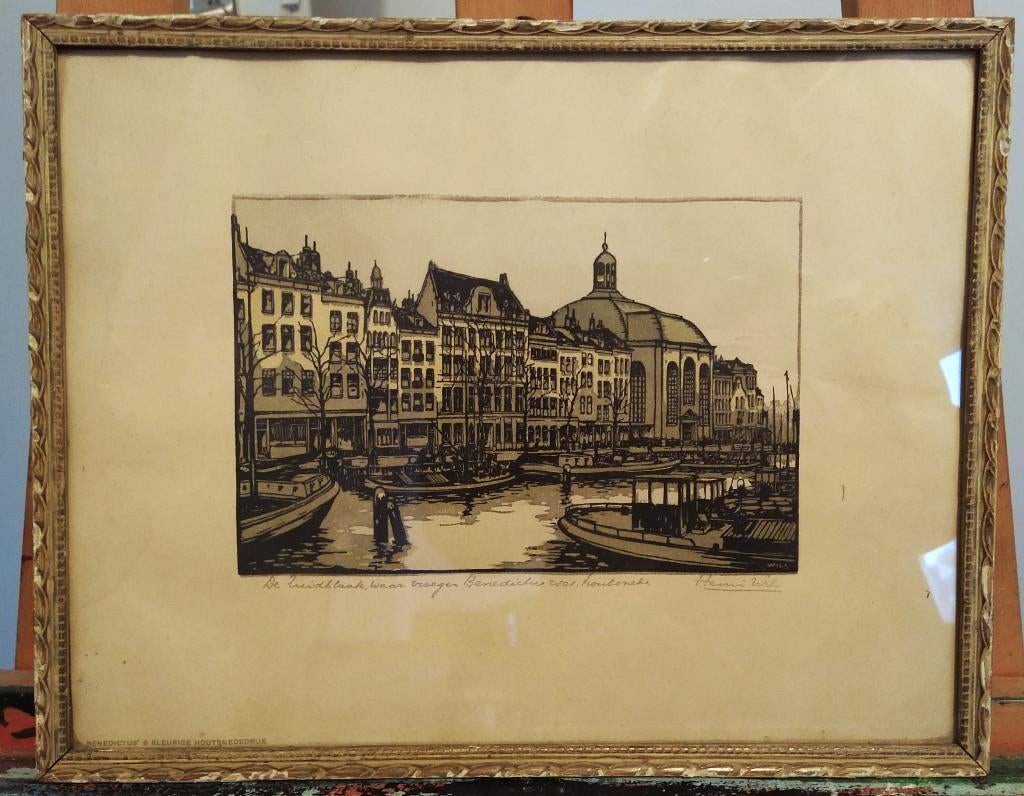 Houtsnede Rotterdam Zuidblaak Benedictus van Henri Wils, Antiek en Kunst, Ingelijst, Stadsgezicht, Ophalen of Verzenden, Houtsnede