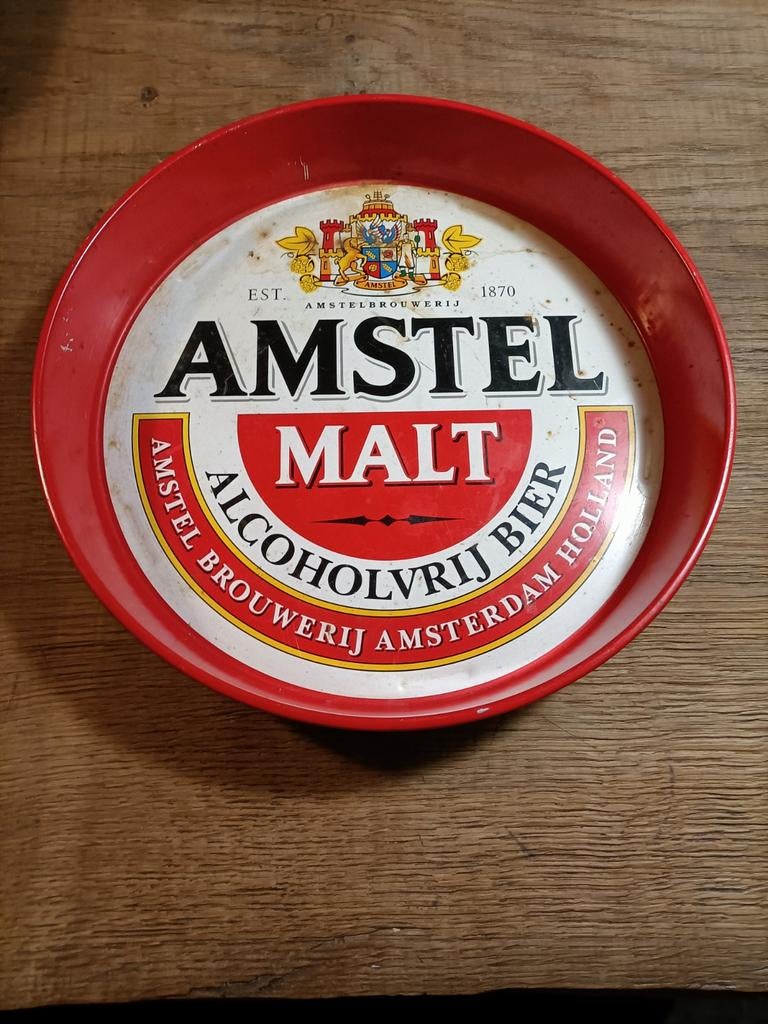 Vintage amstel malt rond dienblad. Rood. Retro., Ophalen, Gebruikt, Amstel