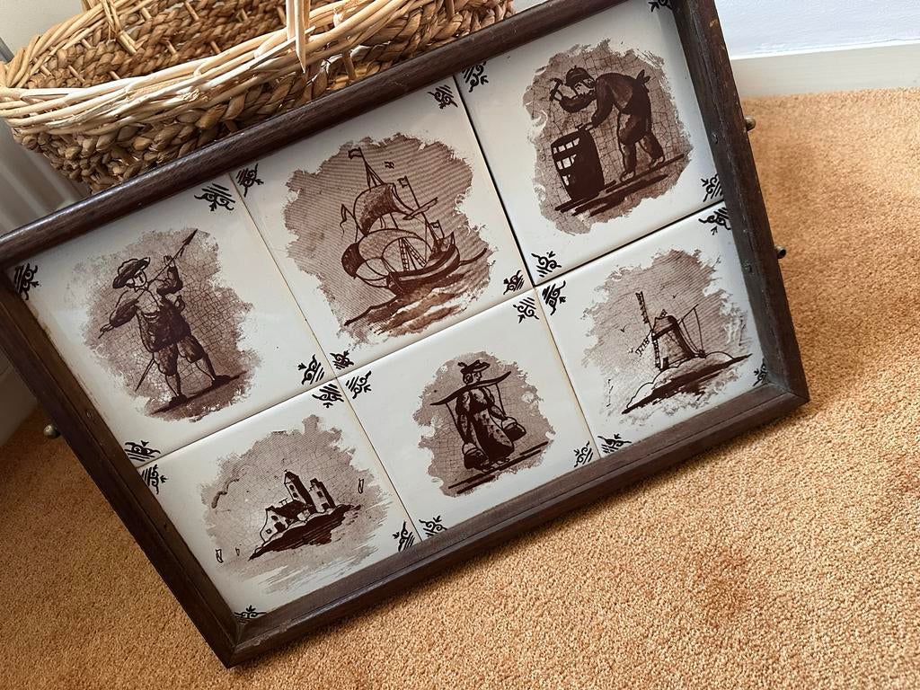 Vintage dienblad met Delfts blauwe tegels (bruin), Ophalen of Verzenden