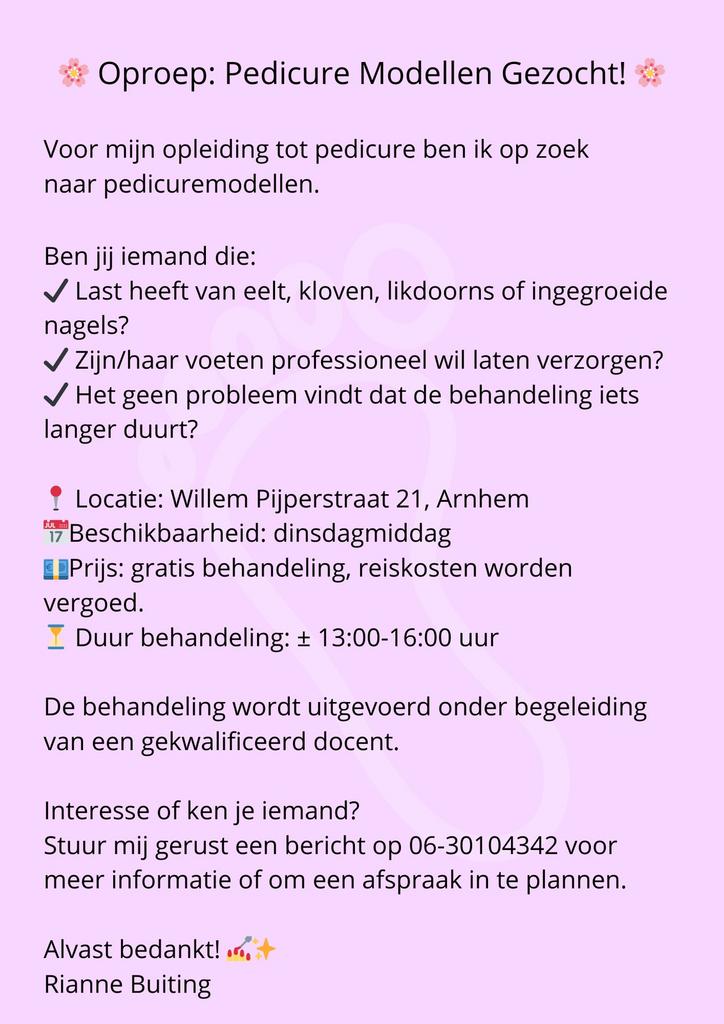 Pedicuremodel gezocht regio Arnhem, Eén persoon, Overige soorten, Overige typen