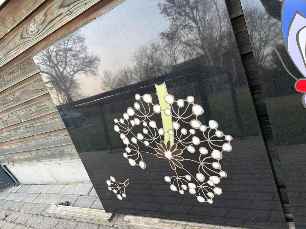 Decoratieve Zwarte Granieten Plaat met Bloemmotief, Ophalen of Verzenden, Zo goed als nieuw