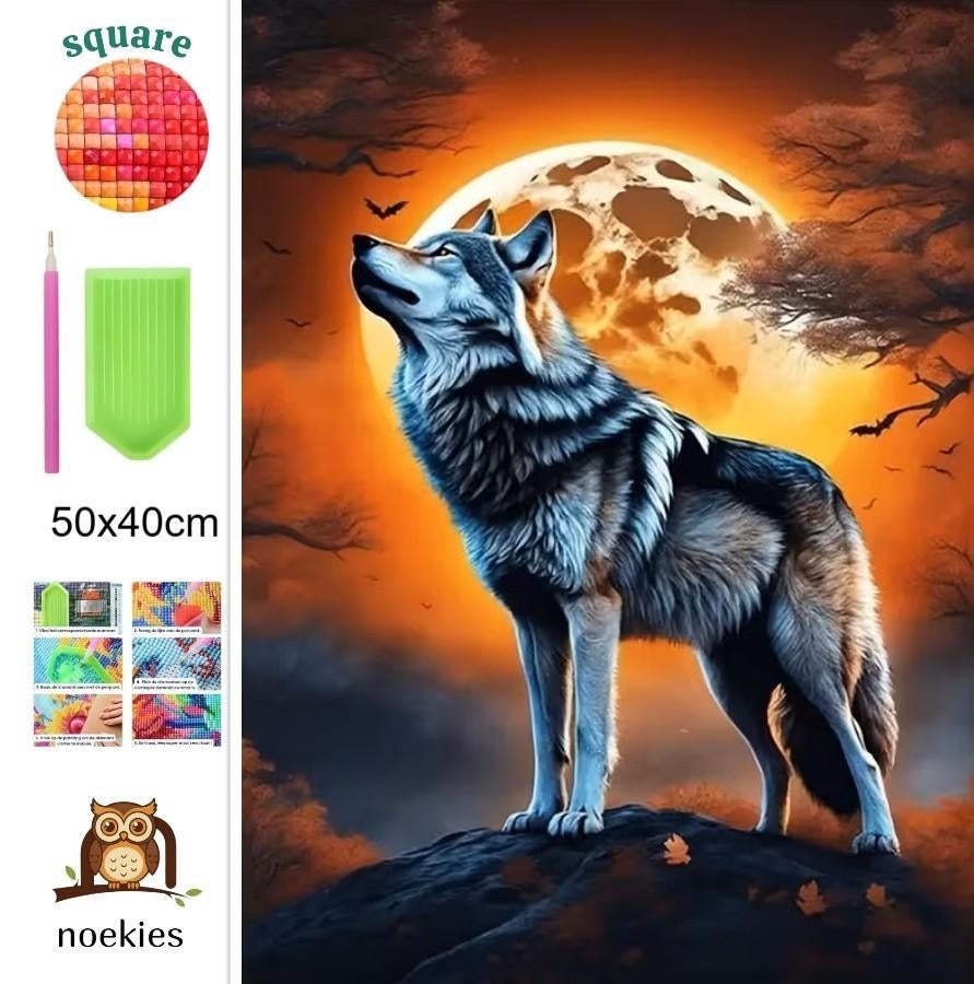 nr 1 Diamond Painting wolf 50x40cm (vierkant), Verzenden, Noekies.com, Nieuw, Info@noekies.com