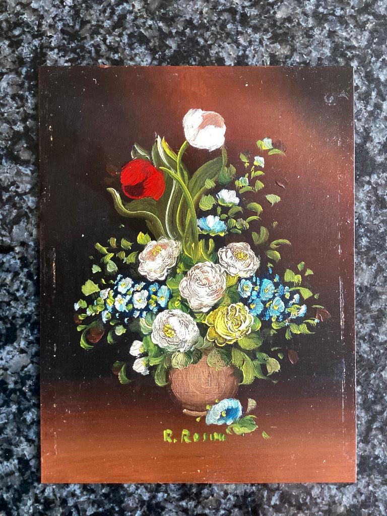 Schilderij, miniatuur, olieverf koper, R. Rosini, vintage, Antiek en Kunst, Kunst | Schilderijen | Klassiek, Ophalen