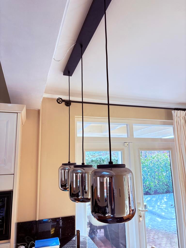 Moderne glazen hanglamp met 3 lampen, Ophalen of Verzenden, Gebruikt, Glas, 75 cm of meer