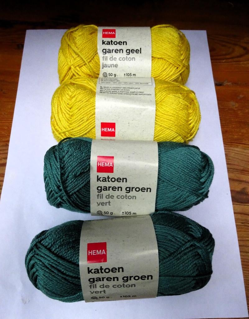 4 Bolletjes 2 geel & 2 groen katoen haak of breigaren, Verzenden, Zo goed als nieuw, Breien of Haken, Wol of Garen