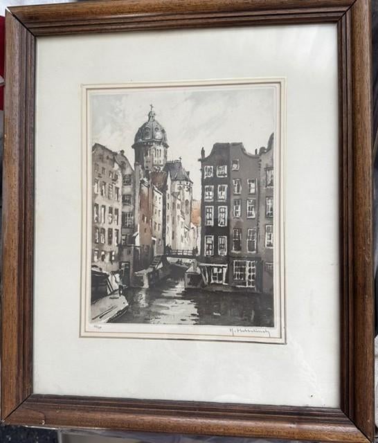 Roger Hebbelinck ingekleurde ets Amsterdamse gracht, Ophalen of Verzenden