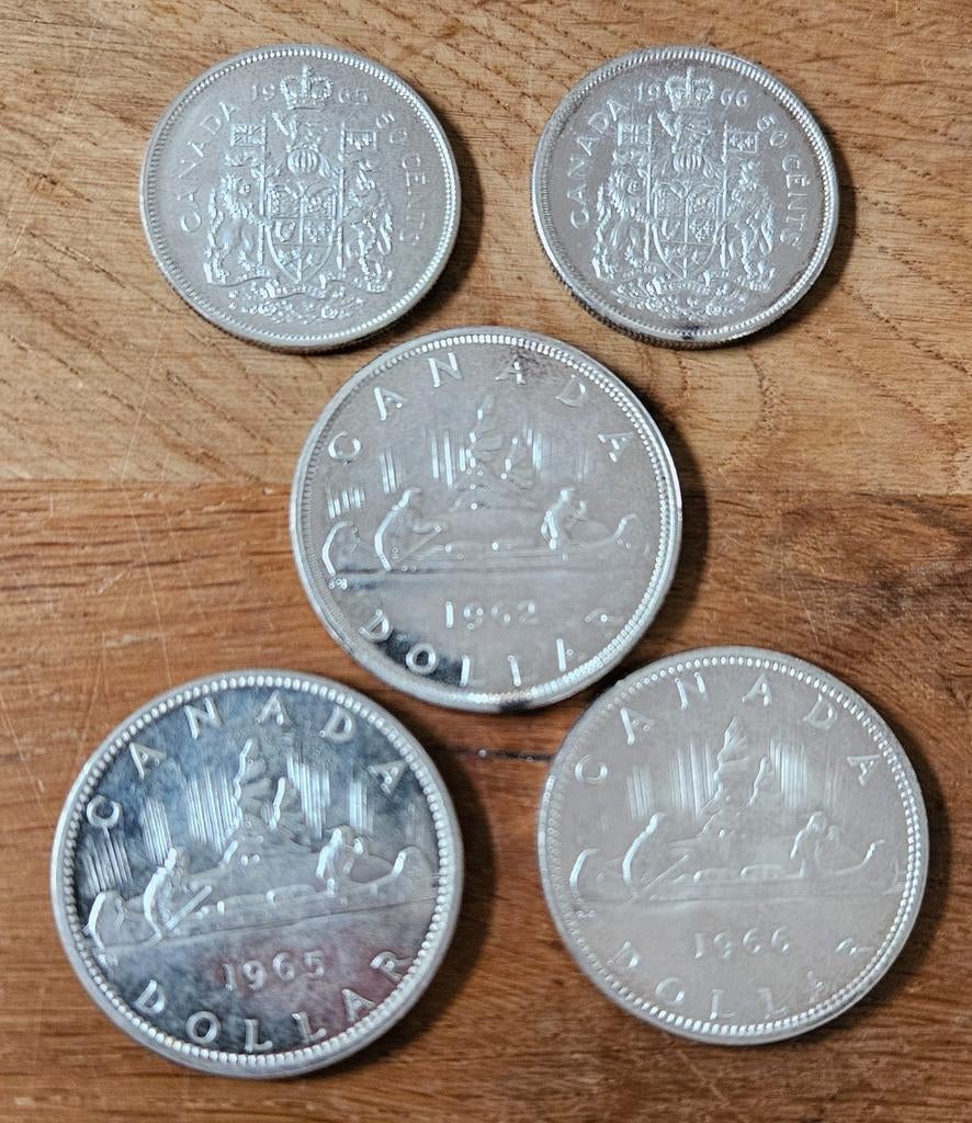 5 prachtige zilveren munten Canadees (dollars) - 93+ gram, Ophalen of Verzenden, Noord-Amerika, Setje, Zilver