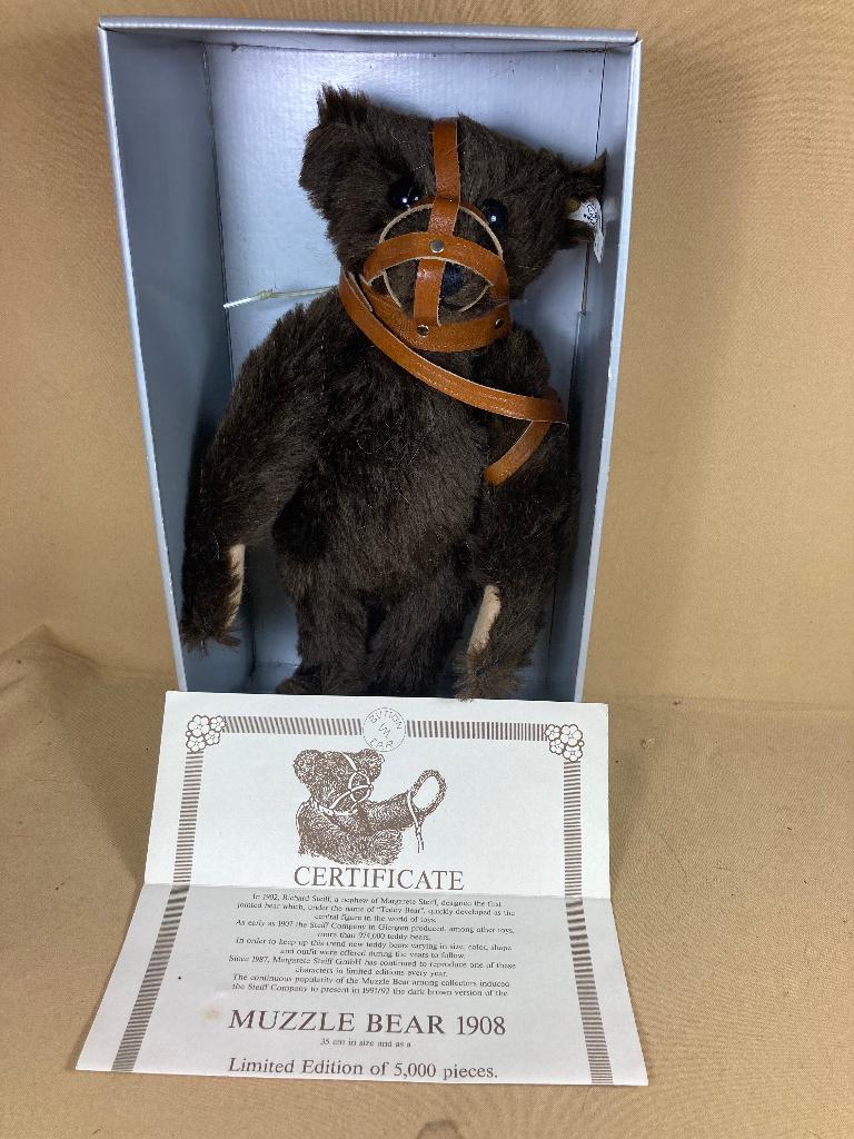 Donkerbruine Steiff muilkorf teddybeer 1908, --, Steiff, Stoffen beer, Ophalen of Verzenden