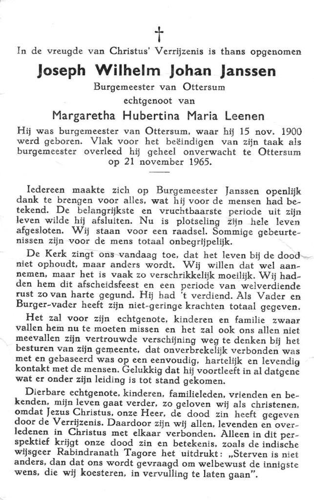 Janssen Joseph Wilhelm Johan 1900-1965 Ottersum, Verzamelen, Bidprentjes en Rouwkaarten, Ophalen of Verzenden