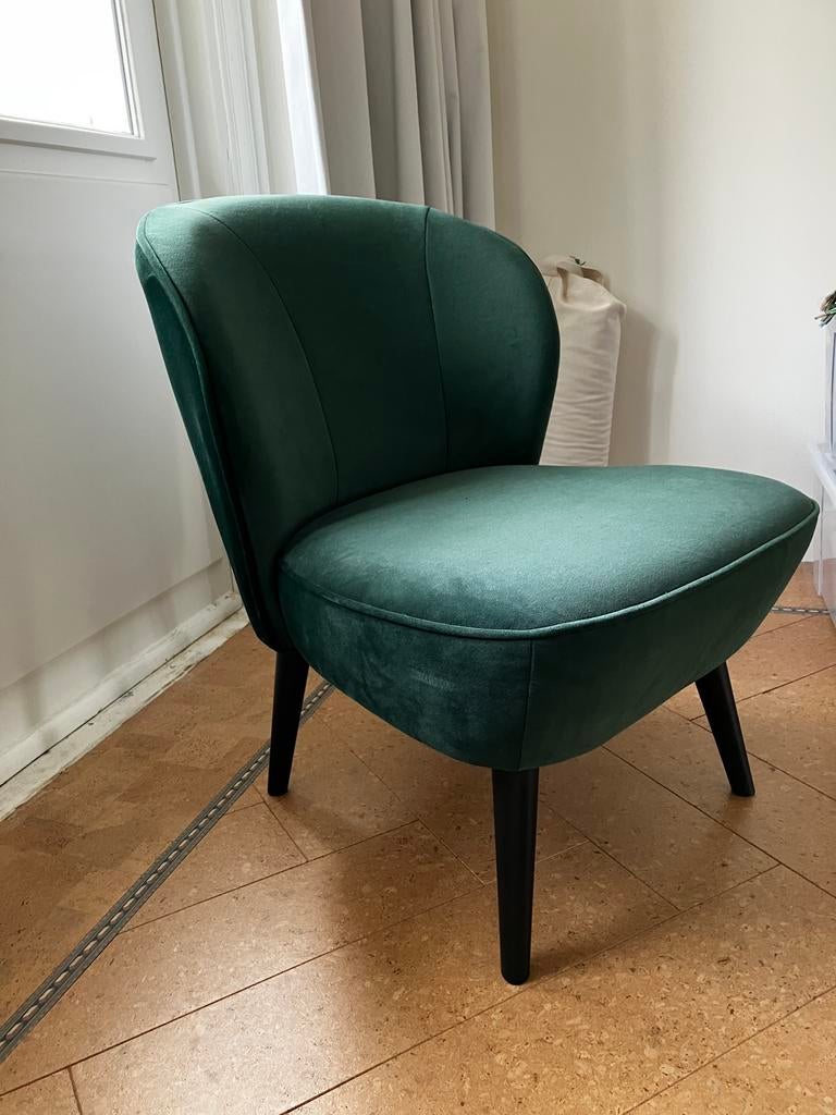 Woood Sara fauteuil flessengroen zgan, Ophalen, Cocktailstoeltje, Minder dan 75 cm, Zo goed als nieuw