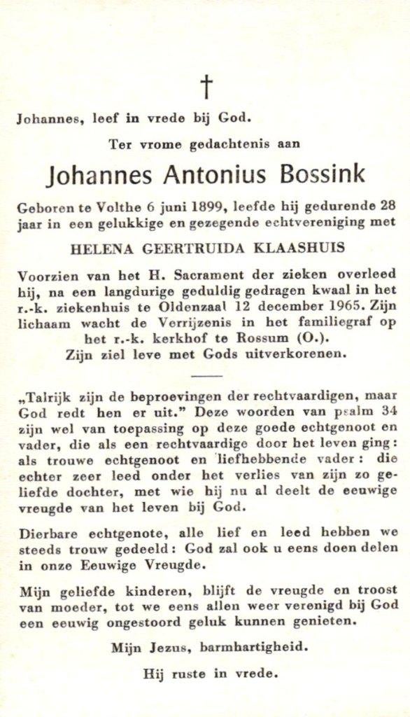 Bossink Johannes Antonius 1899 Volthe-1965 Rossum (O), Verzamelen, Bidprentjes en Rouwkaarten, Ophalen of Verzenden