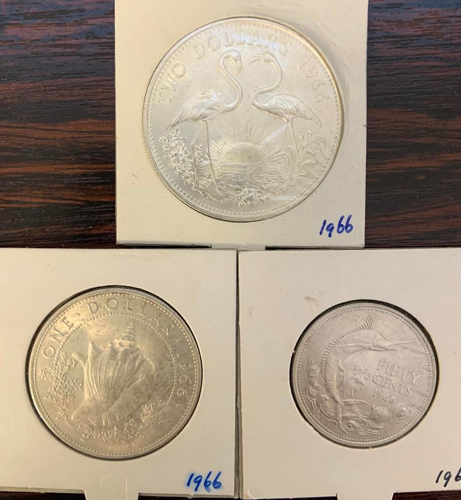 Bahamas 3x zilver 50 ct 1 & 2 Dollar 1966 netto ruim 50 gr, Ophalen of Verzenden, Noord-Amerika, Zilver