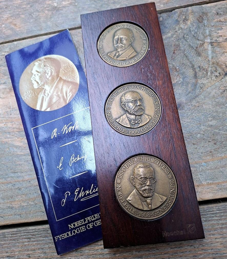 3 Bronzen Herdenkingsmunten Nobelprijs met boekje, Ophalen of Verzenden, Nederland en Buitenland, Munten