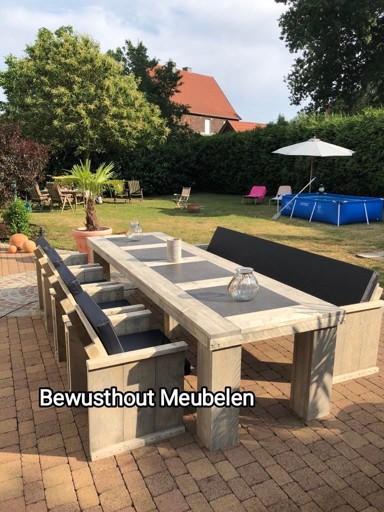 ACTIE!!Tuinset Stone van steigerhout. Tuintafel met stoelen!, Steigerhout, Ophalen of Verzenden, Zo goed als nieuw, Bank