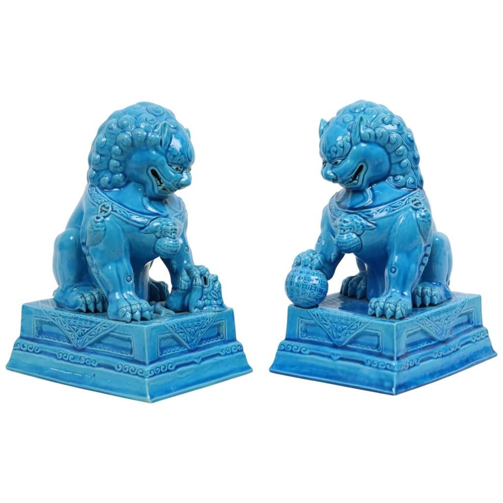 Grote Tempelleeuw Beelden Foo Dogs Blauw Porselein 25cm, Ophalen of Verzenden, Gebruikt, Religie
