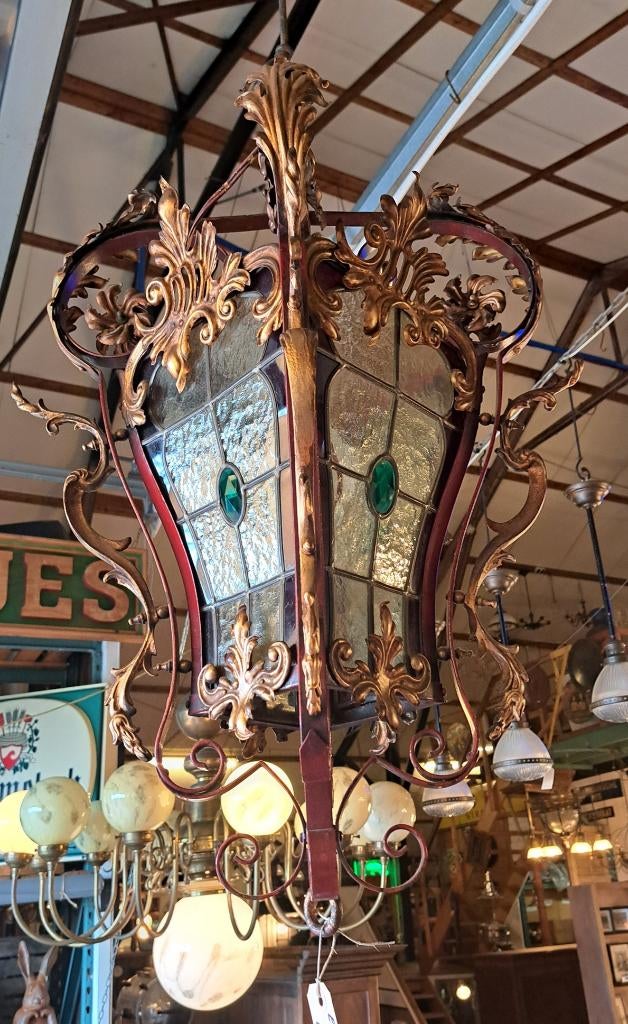 Bijzondere mooie kasteel lamp met glas in lood 70 x 36 cm, Antiek en Kunst, Ophalen