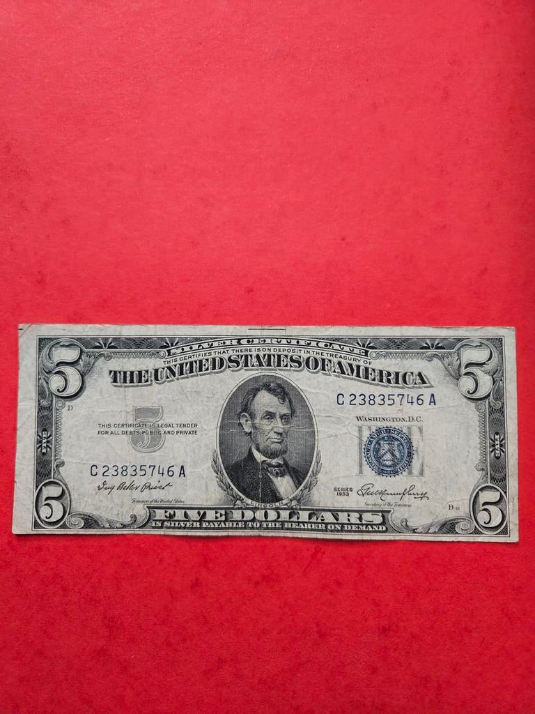 5 dollars USA 1953 jaar blouwe seal, Postzegels en Munten, Bankbiljetten | Amerika, Ophalen of Verzenden, Noord-Amerika, Los biljet
