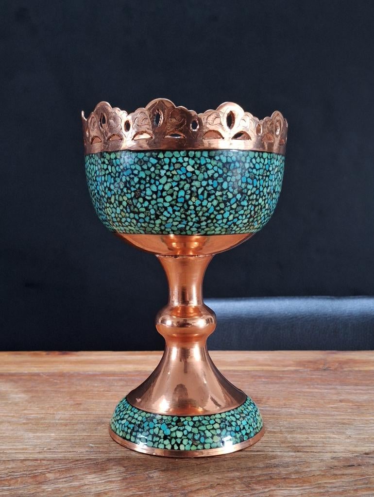 vintage turquoise op koper snoep nootjes beker serveerschaal, Verzamelen, Ophalen of Verzenden, Huis en Inrichting