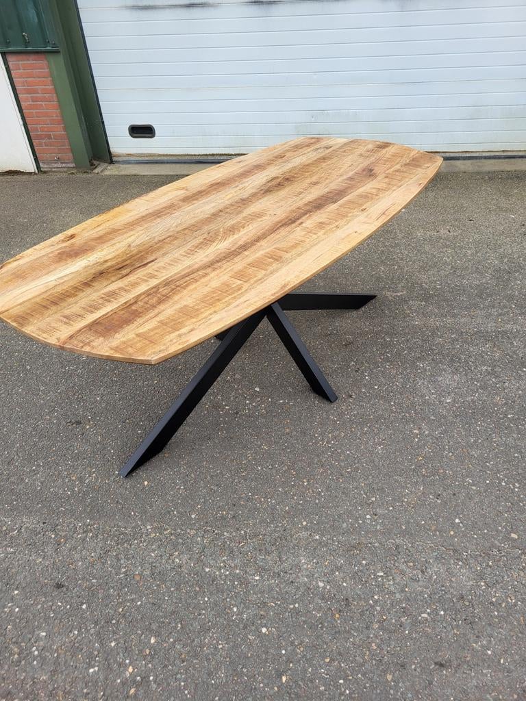 Mango houten eettafel met stalen matrix frame, 200 cm of meer, Zo goed als nieuw, Rechthoekig, 50 tot 100 cm