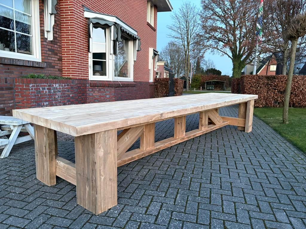 Enorme landelijke style boeren stamtafel 4,66 meter, Ophalen of Verzenden, Zo goed als nieuw, Rond, Hout