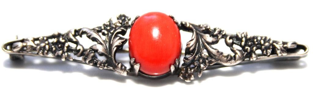 Schitterende Antiek Zilver Bloedkoraal Broche, Ophalen of Verzenden, Zilver, Broche, Met edelsteen