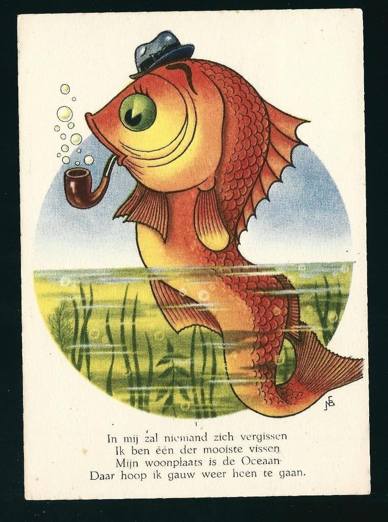 Nico Broekman serie dieren vissen met spreuk, Verzenden, 1940 tot 1960, Gelopen, Overige thema's