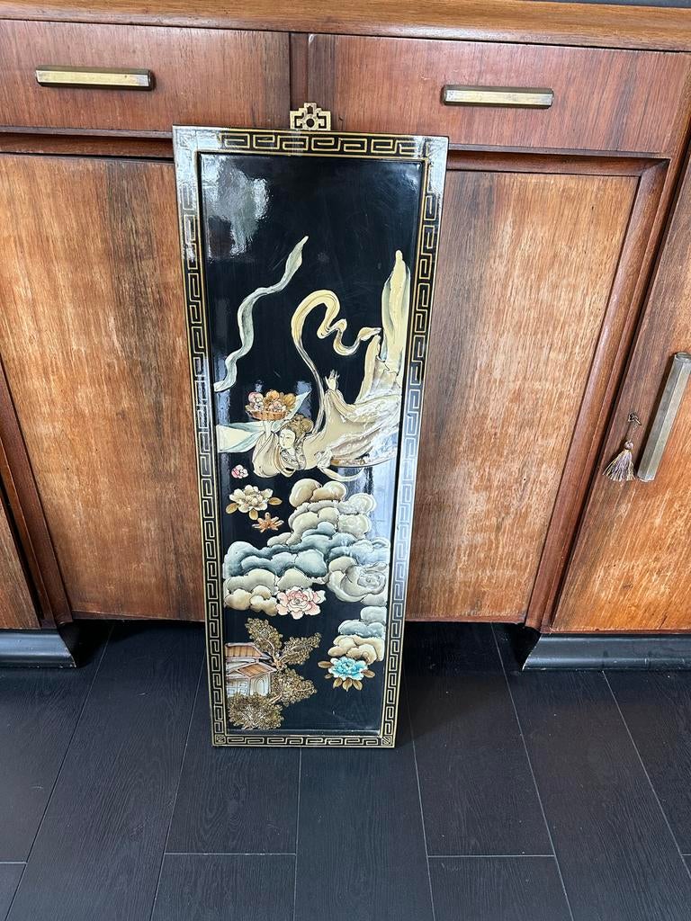 Antiek Oosters Lakpaneel met Reliëf, Ophalen of Verzenden