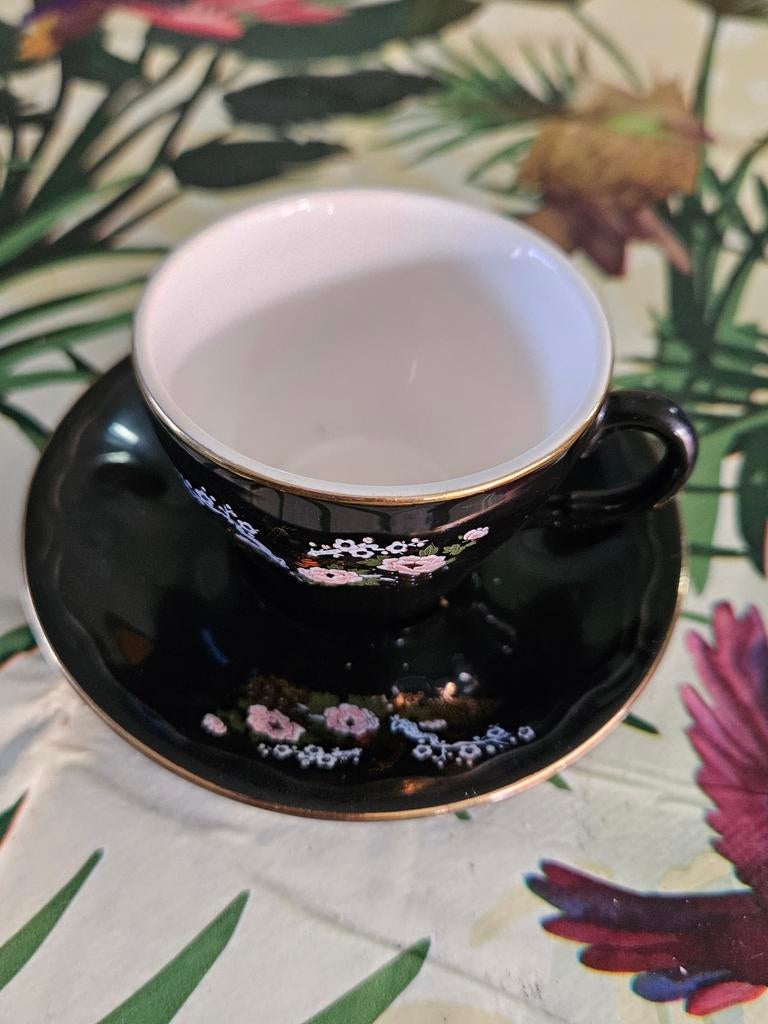 Amsel Turks Koffiekopje met Schotel - Zwart met Bloemmotief, Ophalen of Verzenden