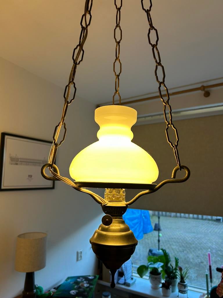 Lampen, tin, met glazen kap, Ophalen