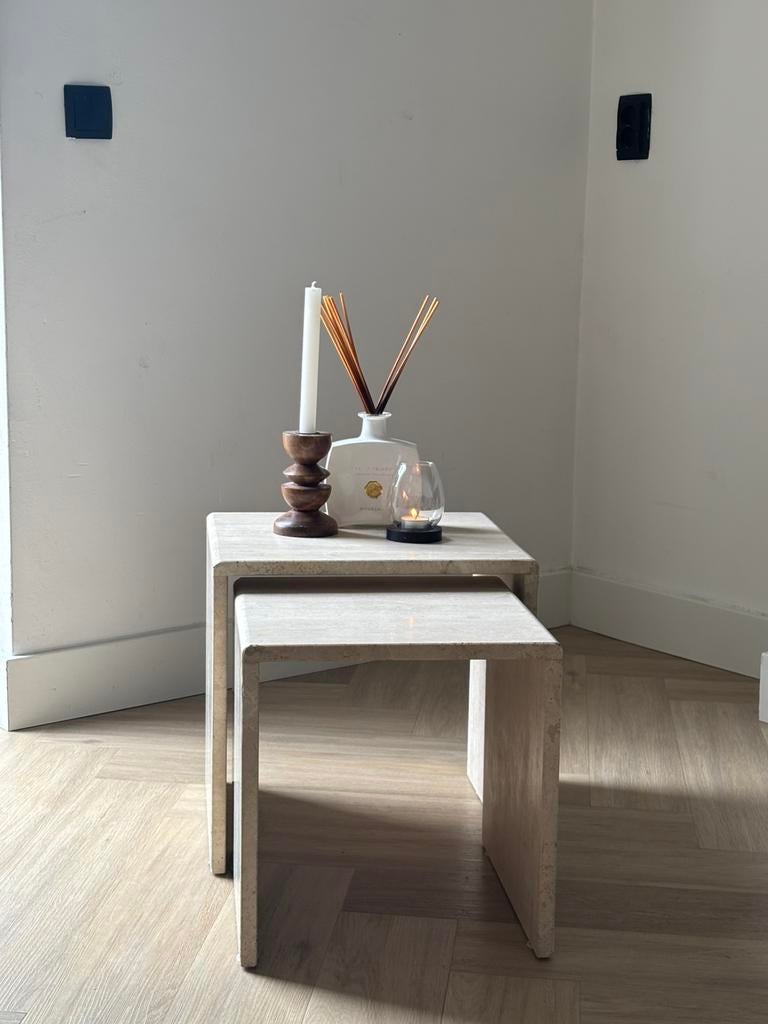 Travertin salontafel/bijzettafel/nachtkastje, Huis en Inrichting, Tafels | Salontafels, Overige materialen, 50 tot 100 cm, Travertin japandi vintage marmeren natuursteen